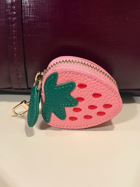 Accessories - Pink Strawberry Coin Purse Keychain with Green Leaf Accent